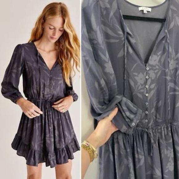 NWOT Z Supply Camila Mini Dress Tie Waist Flutter Ruffle Dusty Gray Floral XS - Picture 1 of 6